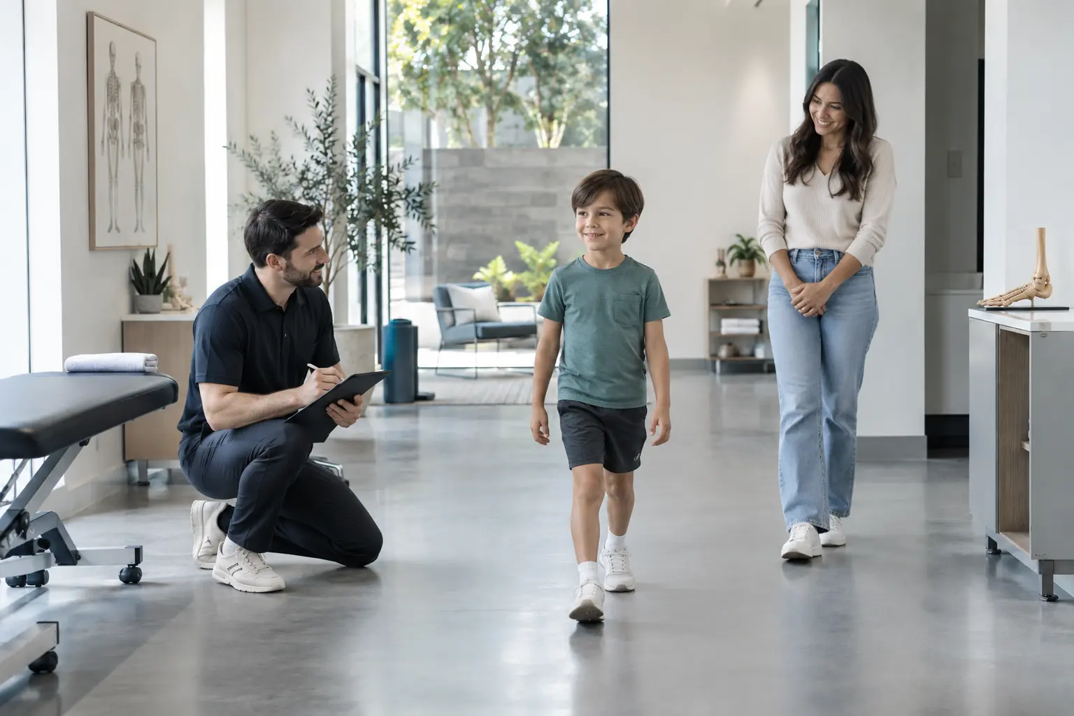 A child walking during a movement assessment with a parent present