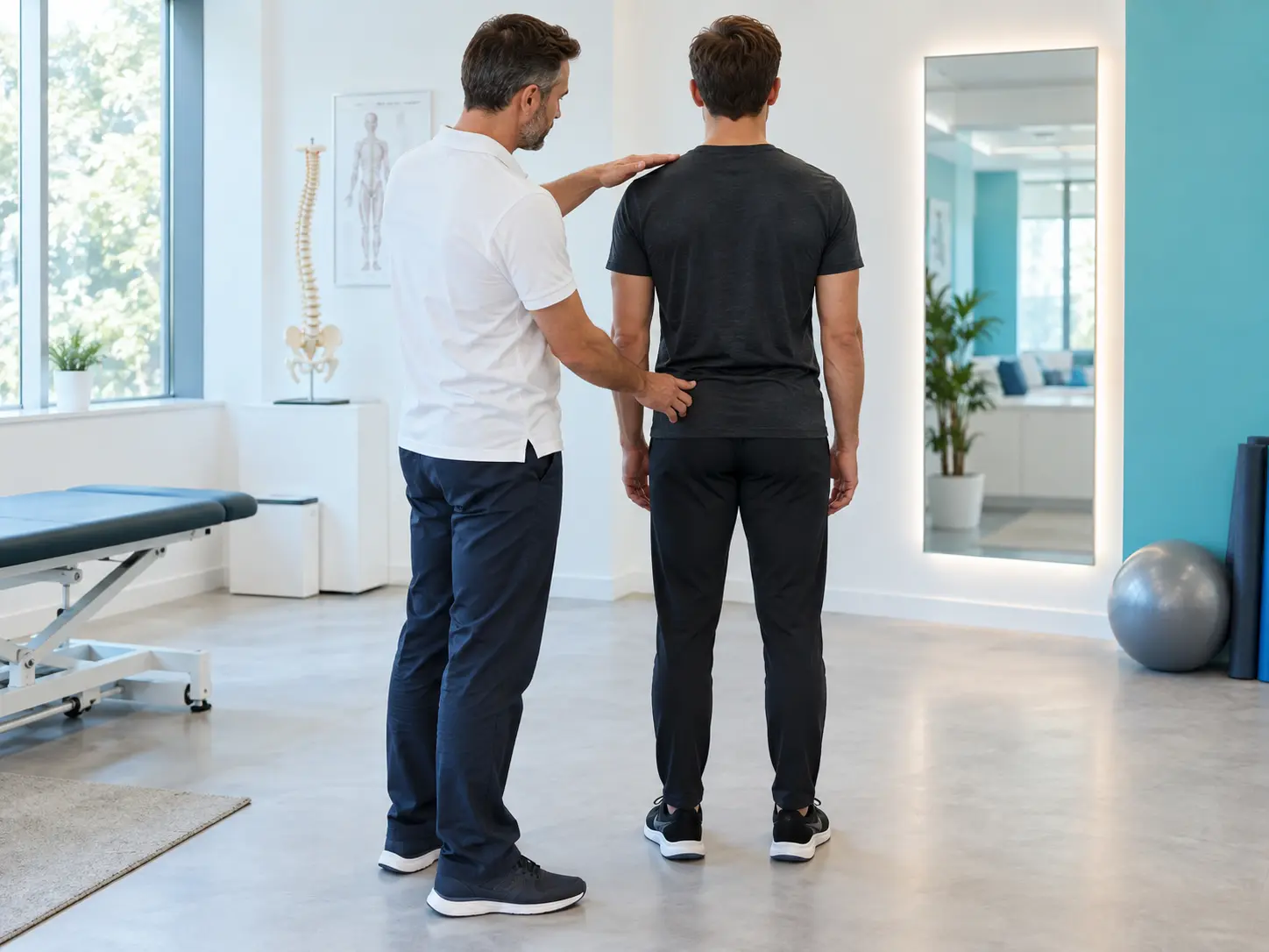 A clinician checking a person’s shoulder and pelvic alignment from behind