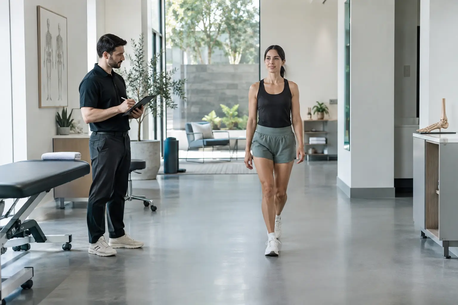 Clinician observing a person walking during an assessment