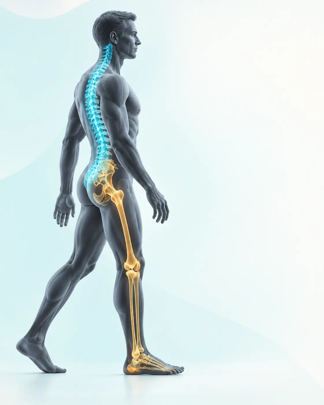 Side-view anatomical model showing the connected spine, pelvis and leg