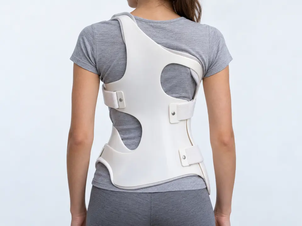Individualised white scoliosis brace viewed from behind