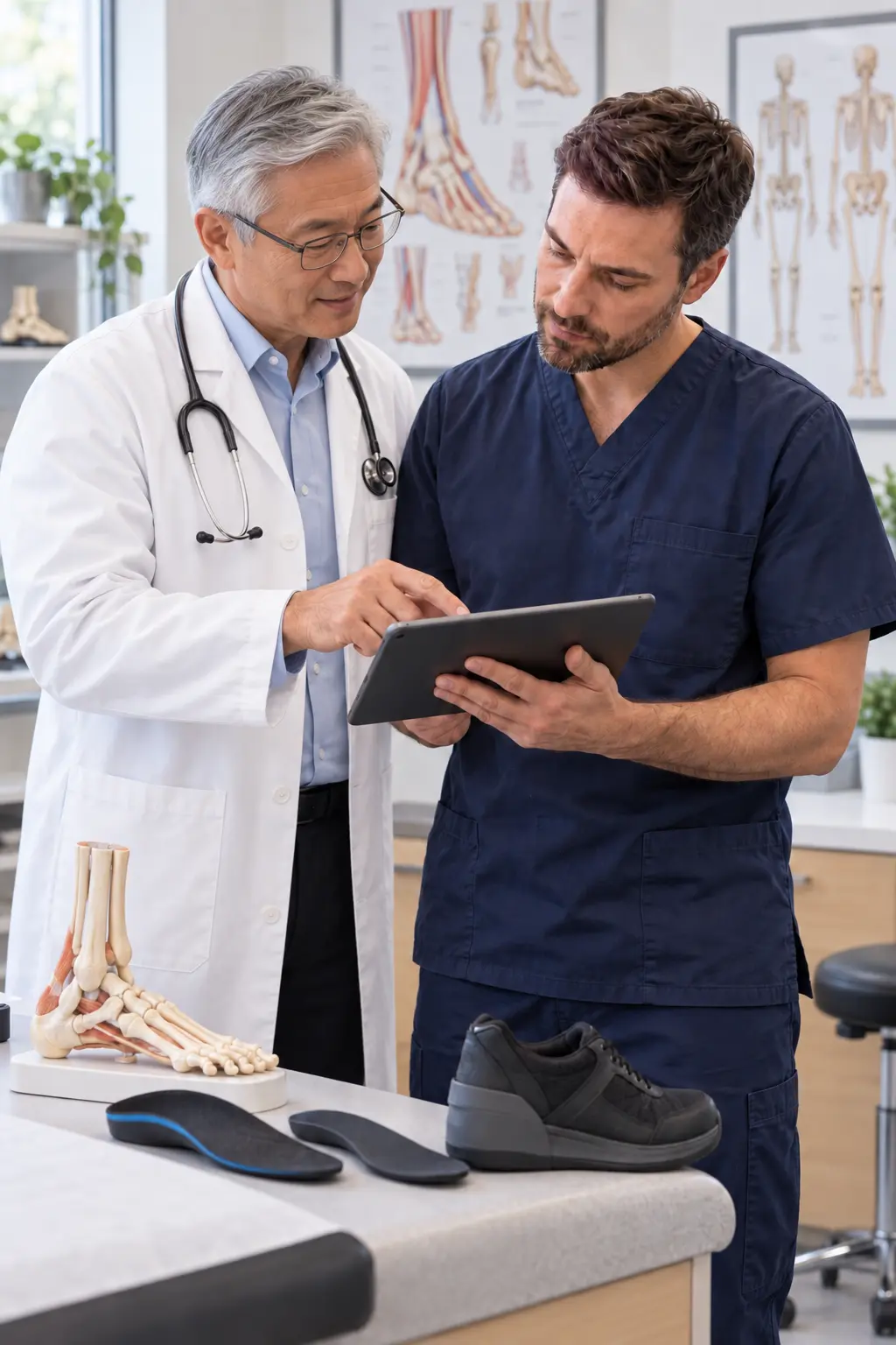 Doctor and orthotics clinician reviewing a patient’s case together