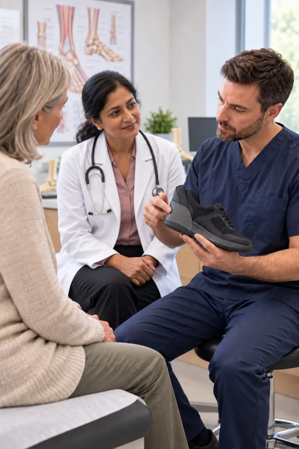 Doctor, orthotics clinician and patient discussing a modified shoe together