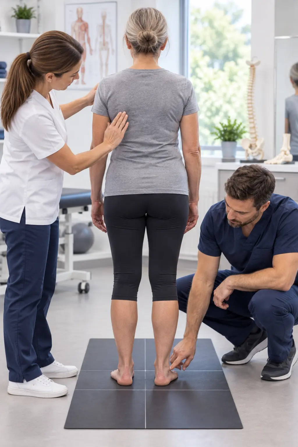 Doctor and orthotics clinician checking a patient’s standing alignment together