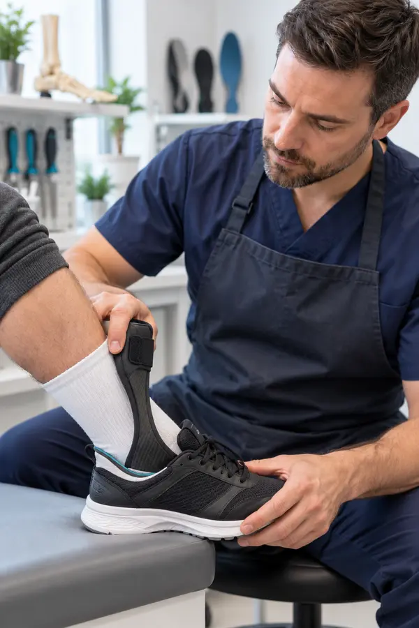 Clinician fitting a drop-foot orthosis