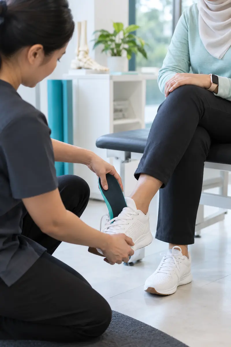 Clinician fitting a bespoke insole into everyday footwear