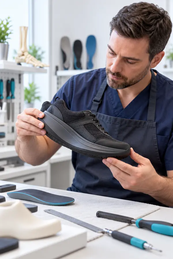 Orthotics clinician inspecting a rocker sole on a walking shoe