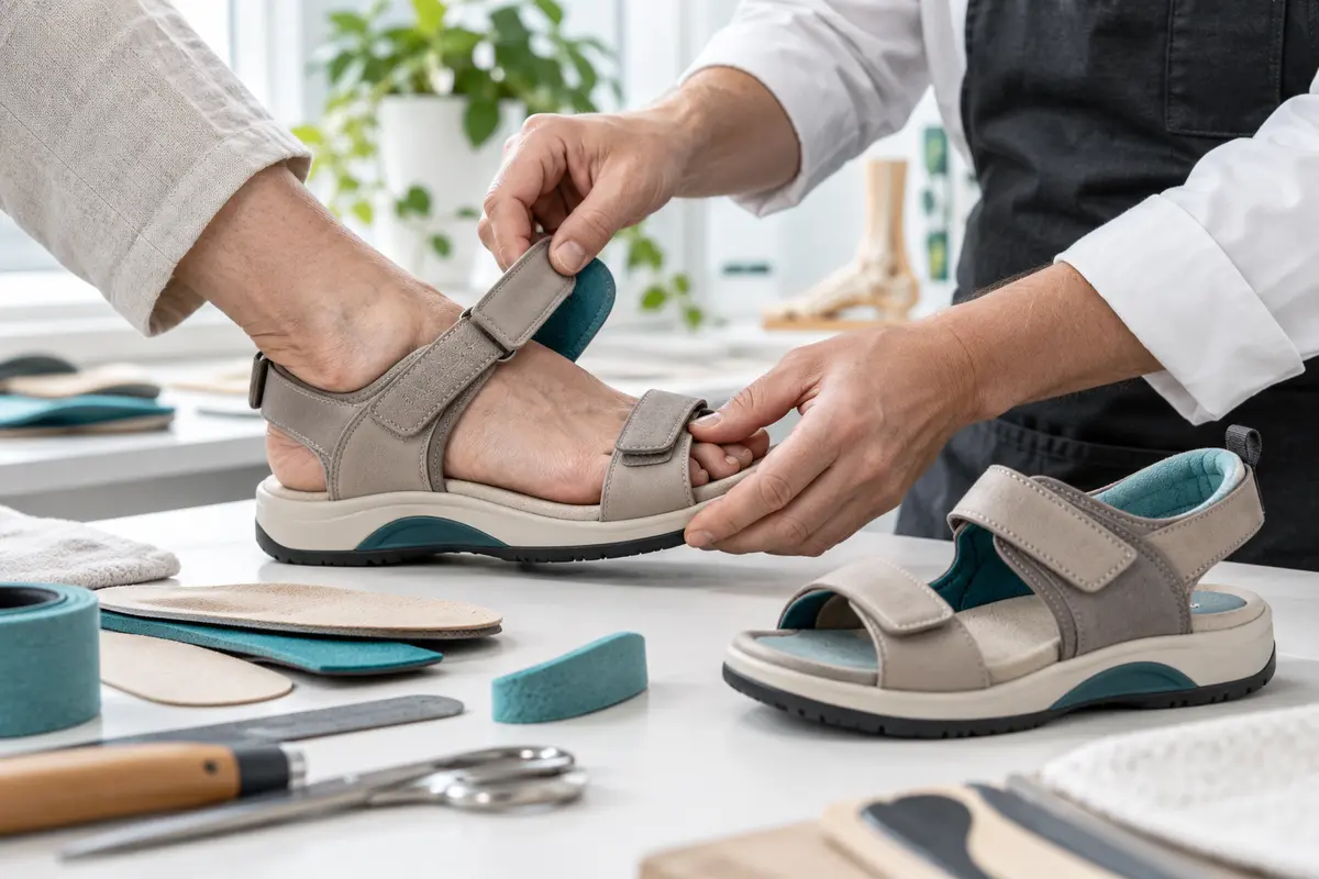 Clinician assessing a woman's foot and footwear fit
