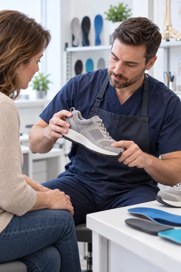 Orthotics clinician teaching a patient how to choose a supportive shoe