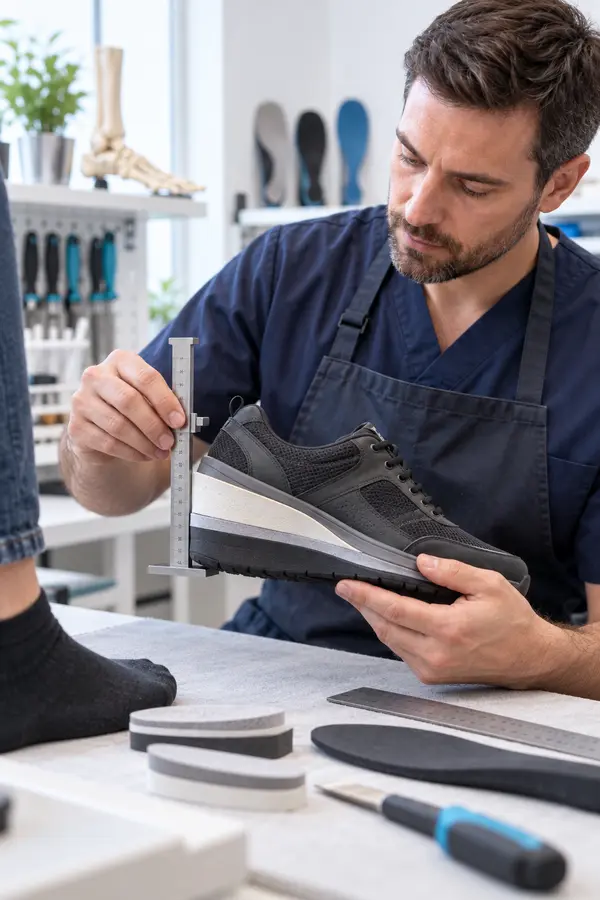 Clinician measuring a shoe-height adjustment