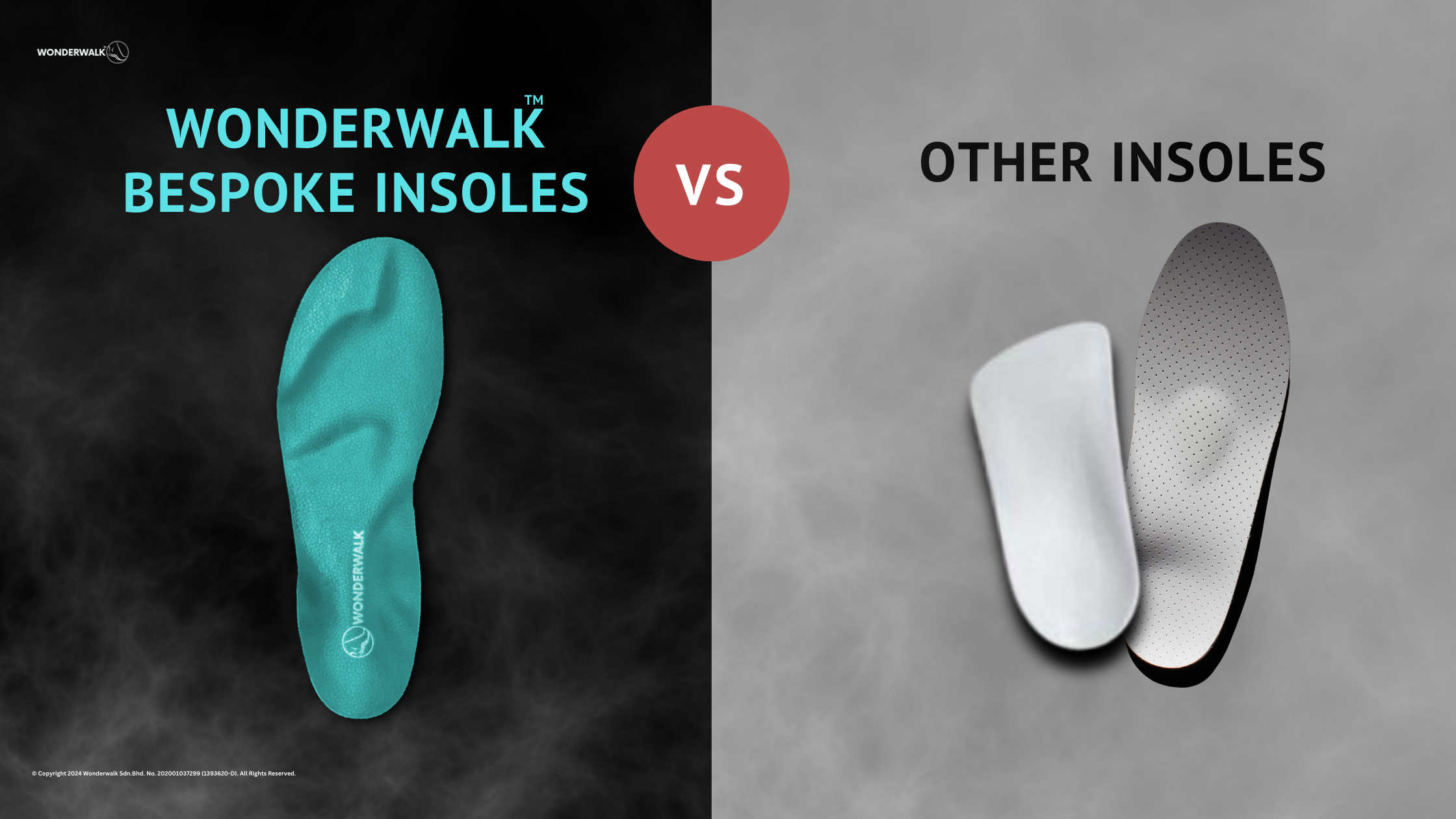 Comparison image showing Wonderwalk™ Bespoke Insoles on the left and other generic insoles on the right. The Wonderwalk insole is teal, while the generic insoles are gray. The image highlights the difference between customized support and generic options.