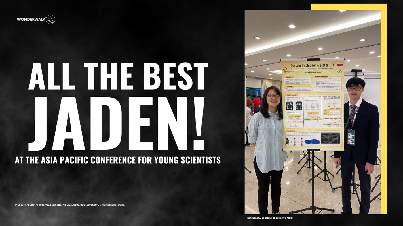 Jaden Wijaya, a young scientist representing Indonesia, stands beside his research poster on the benefits of bespoke insoles at the Asia Pacific Conference for Young Scientists 2024 in Malaysia, showcasing his findings on how bespoke insoles can improve posture and overall health.