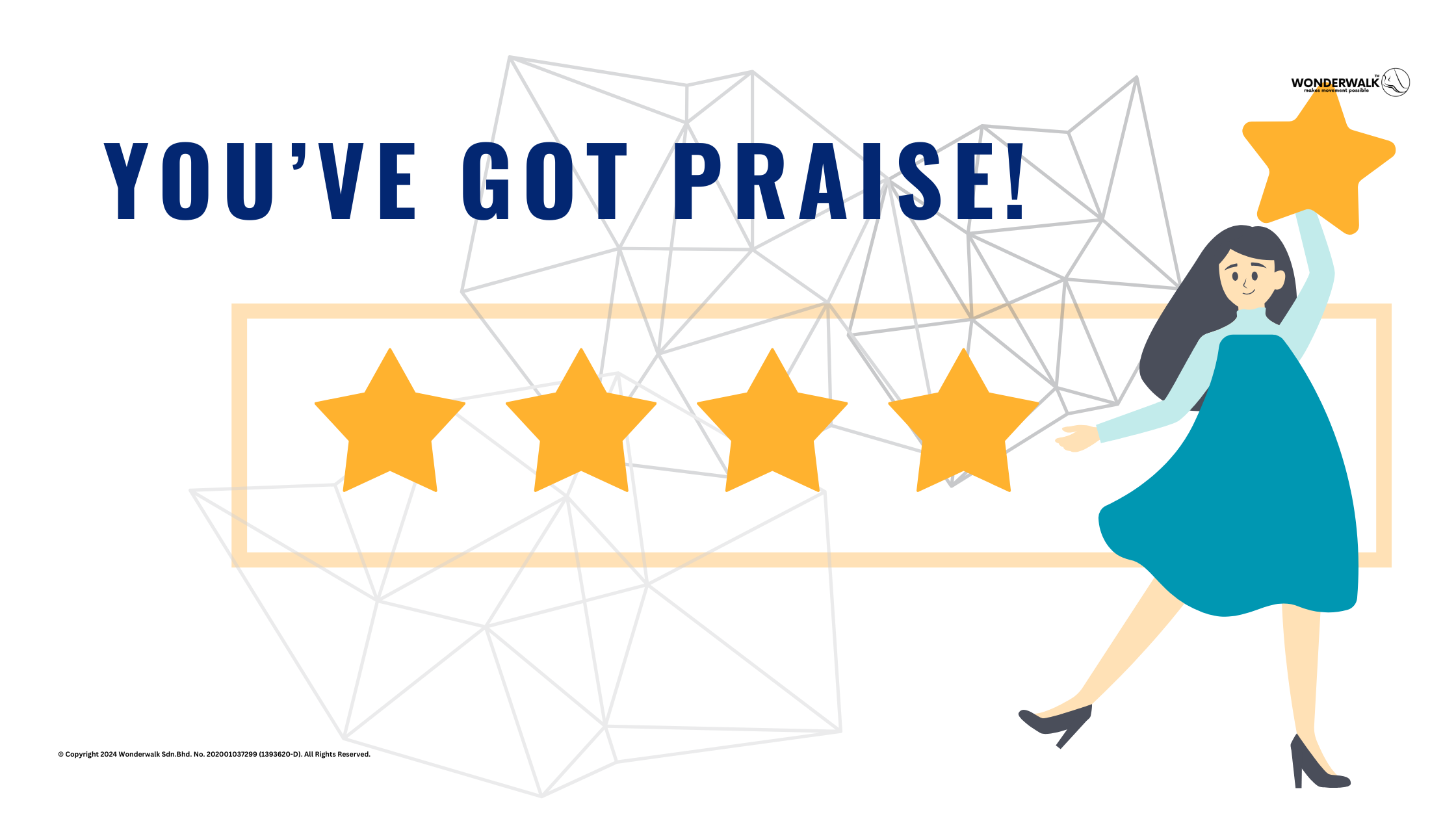 Illustration of a woman holding a star with the text "You've Got Praise!" and five stars, representing positive customer reviews for Wonderwalk Bespoke Insoles.