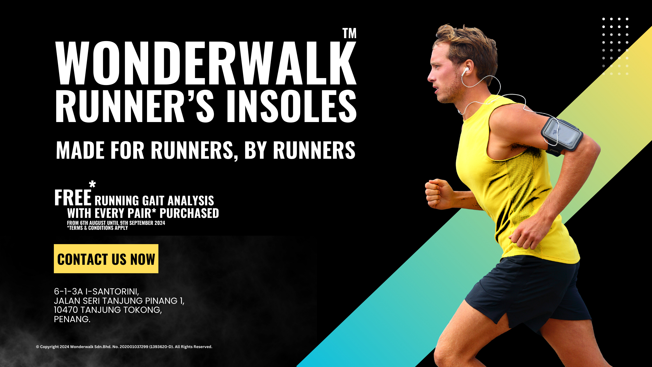 A male runner in a yellow sleeveless shirt running with a phone strapped to his arm. The image promotes Wonderwalk Runner's Insoles with a special offer of a free Running Gait Analysis, highlighting the address and contact details for Wonderwalk in Penang.