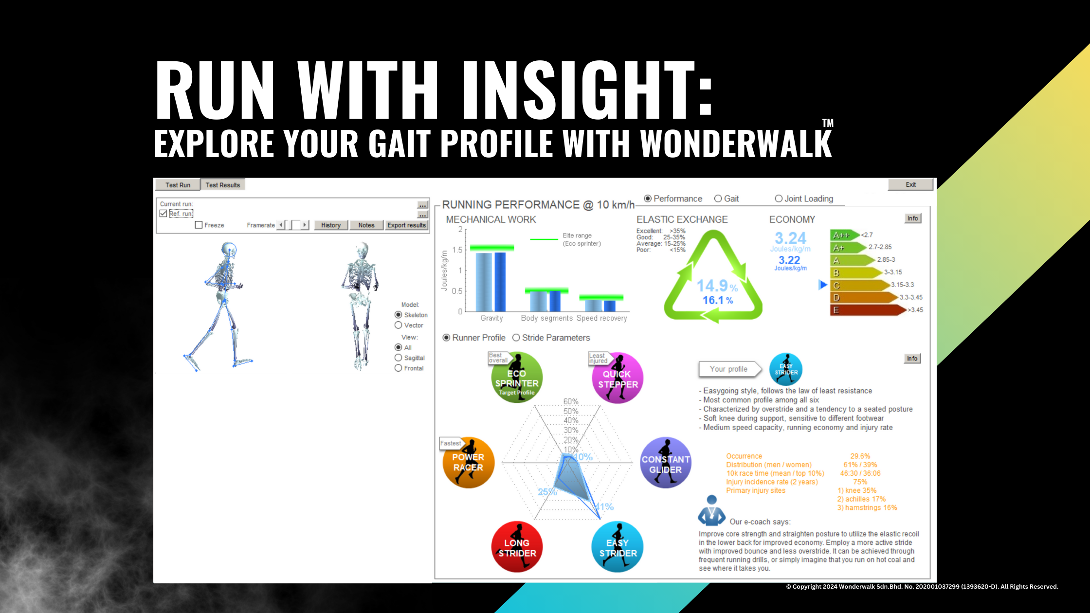  A screenshot of a detailed Running Gait Analysis featuring mechanical work, elastic exchange, and economy metrics for different runner profiles, highlighting the benefits of running gait analysis technology that is offered by Wonderwalk.