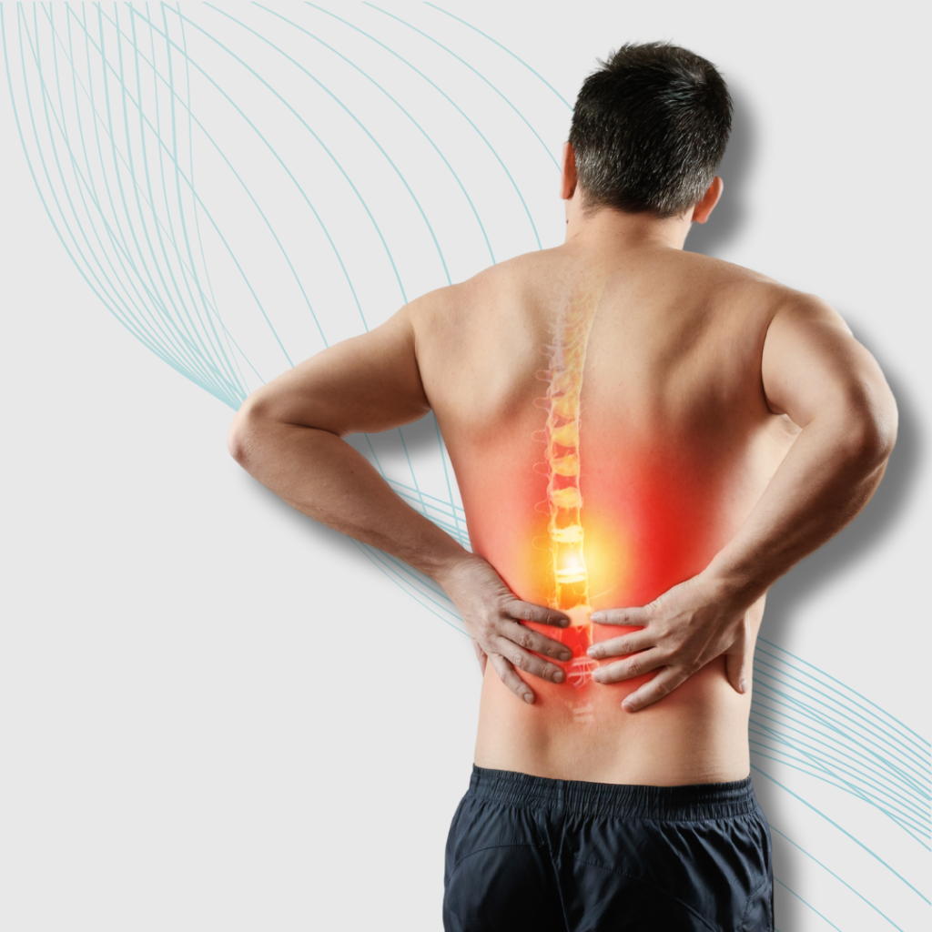  man shown from behind touching his lower back with a visible red area indicating pain, with text 'LOWER BACK PAIN' emphasizing the discomfort.